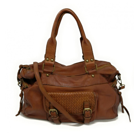 Sac à main bowling femme en cuir vintage porté épaule avec bandoulière amovible marron cognac sac rentrée tendance