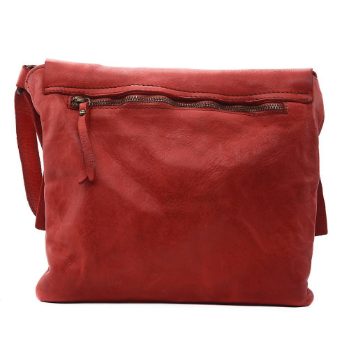 Sac bandoulière besace messager cuir souple vintage délavé pur vachette bandoulière fixe et ajustable mode femme rouge clair