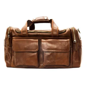 Sac de voyage mixte tendance en cuir lisse porté main épaule et bandoulière camel foncé